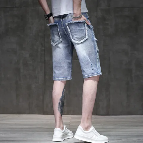 Men's Summer Casual Ripped Denim Shorts High Street Vintage Distressed Slim Fit Stretch Five-Quarter Pants