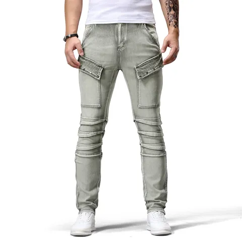 Ανδρικά Slim Fit Biker Jeans Distressed Spliced Skinny Denim Παντελόνια Retro Streetwear Hip Hop Casual