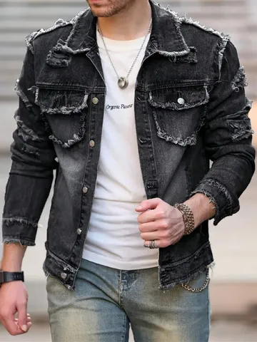 Herren Casual Denim Jacke Amerikanischer Stil Streetwear Schweres Gewicht Offene Kante Waschen Baumwolle Langarm Umlegekragen Oberbekleidung