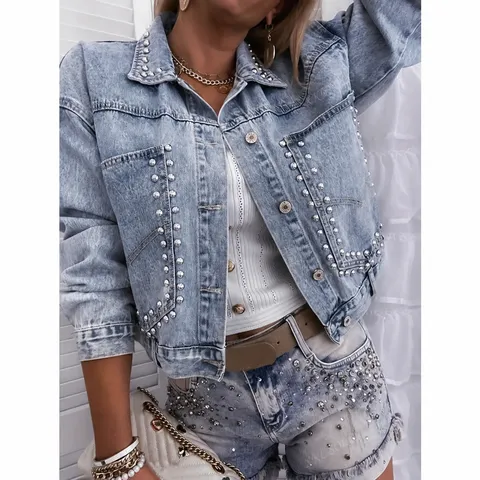 Damen High Street Casual Denim Jacke Mode Niete Umlegekragen Langarm Kurze Oberbekleidung Distressed Streetwear