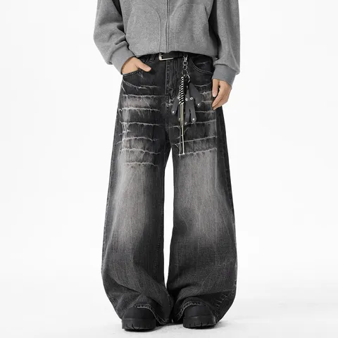 Men's Vintage Washed Distressed Baggy Wide Leg Jeans Casual Black Denim Trousers Streetwear Loose Fit Hip Hop Pants