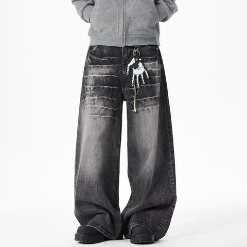 Men's Vintage Washed Distressed Baggy Wide Leg Jeans Casual Black Denim Trousers Streetwear Loose Fit Hip Hop Pants