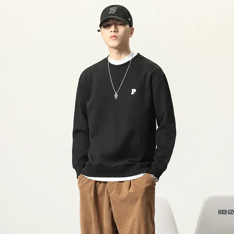Felpa Pullover Casual Larga Ricamata con Lettere Finto Due Pezzi da Uomo Manica Lunga Girocollo Misto Cotone