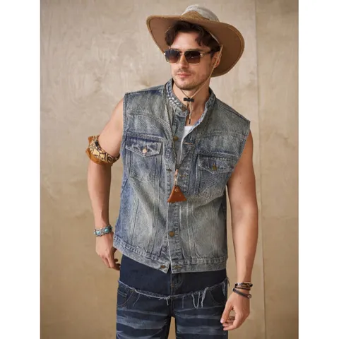 Herren Casual Amerikanische Vintage Denim Weste Jacke Ärmellos Gewaschener Used-Look Streetwear Denim Oberbekleidung Top