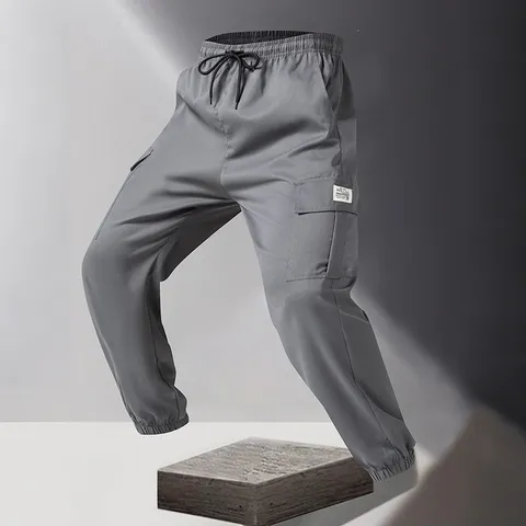 Herren Casual Cargo Jogginghose Unifarben Kordelzug Hoher Bund Gerade Jogger Streetwear Mode Hose