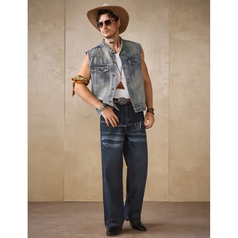 Herren Casual Amerikanische Vintage Denim Weste Jacke Ärmellos Gewaschener Used-Look Streetwear Denim Oberbekleidung Top