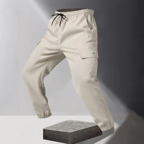 Herren Casual Cargo Jogginghose Unifarben Kordelzug Hoher Bund Gerade Jogger Streetwear Mode Hose