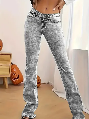 Pantalon Long Évasé Slim Taille Haute Casual pour Femmes Couleur Unie Denim en Coton Extensible