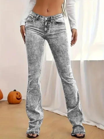 Pantalon Long Évasé Slim Taille Haute Casual pour Femmes Couleur Unie Denim en Coton Extensible
