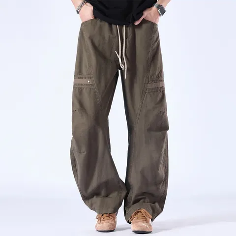 Men Casual Loose Straight Pants Cotton Fashion Urban Mid Waist Full Length Trousers Green Solid Color Daily Wear Pocket Design