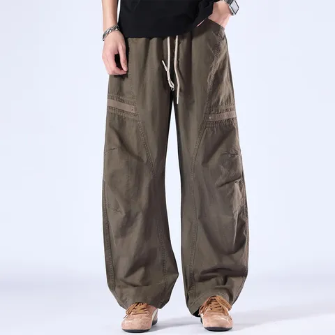 Men Casual Loose Straight Pants Cotton Fashion Urban Mid Waist Full Length Trousers Green Solid Color Daily Wear Pocket Design