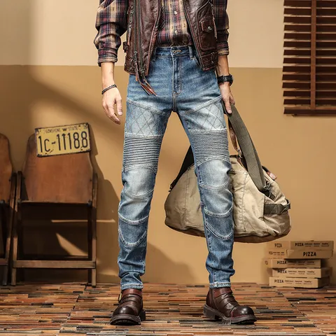 Vaqueros de Moto Slim Fit para Hombre Vintage Lavado Desgastado Patchwork Pantalones de Denim Elásticos Cónicos