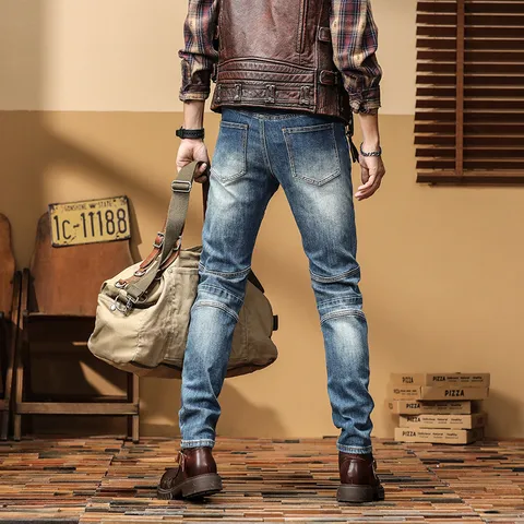 Vaqueros de Moto Slim Fit para Hombre Vintage Lavado Desgastado Patchwork Pantalones de Denim Elásticos Cónicos