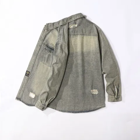 Men's Vintage Washed Denim Shirt Jacket Distressed Casual Long Sleeve Turn Down Collar Utility Outerwear Top
