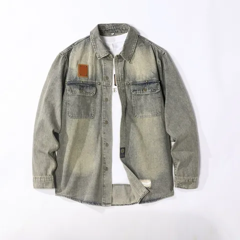 Men's Vintage Washed Denim Shirt Jacket Distressed Casual Long Sleeve Turn Down Collar Utility Outerwear Top
