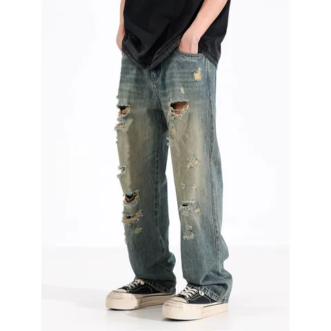 Herren Casual Lose Gerade Ripped Denim Jeans Vintage Washed High Street Hose Jugend Mode Streetwear Unterteile