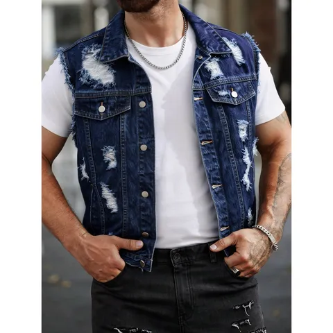 Herren Casual Ärmellose Jeansjacke Zerrissene Denim Weste Umlegekragen Einreiher Oberbekleidung Streetwear