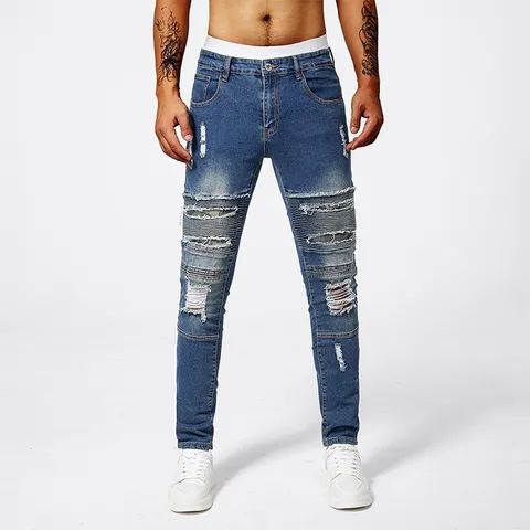 Mens Slim Fit Ripped Denim Jeans Casual Stretch Long Pants Distressed Washed Streetwear Denim Trousers Fashion Daily Wear