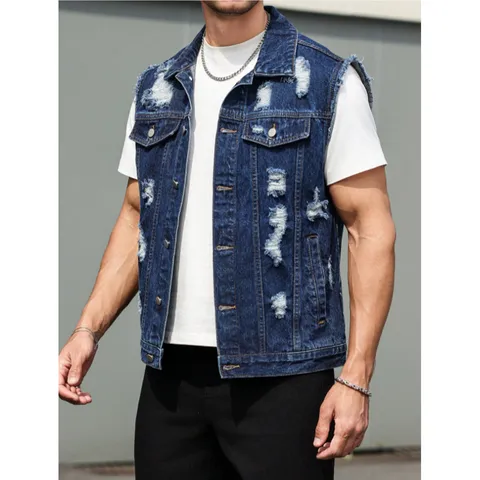Herren Casual Ärmellose Jeansjacke Zerrissene Denim Weste Umlegekragen Einreiher Oberbekleidung Streetwear