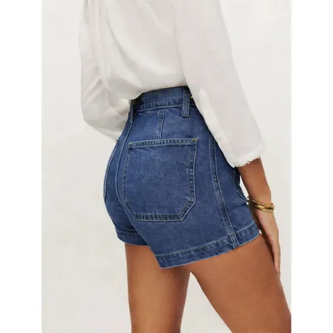Pantaloncini in Denim a Vita Alta da Donna Casual Blu Lavato Jean Bottoms In Misto Cotone Elasticizzato Pantaloncini Alla Moda