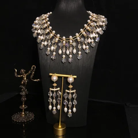 Conjunto de Collar y Pendientes de Borla de Perla de Vidrio de Cristal Vintage Bañado en Oro Joyería de Moda Elegante para Mujeres