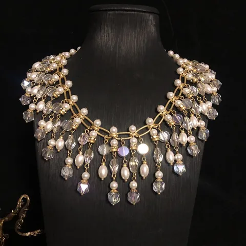 Conjunto de Collar y Pendientes de Borla de Perla de Vidrio de Cristal Vintage Bañado en Oro Joyería de Moda Elegante para Mujeres