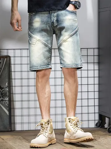 Men's Casual Denim Shorts Summer Patchwork Slim Fit Straight Mid Waist Five-Point Shorts Fashion Streetwear Pants