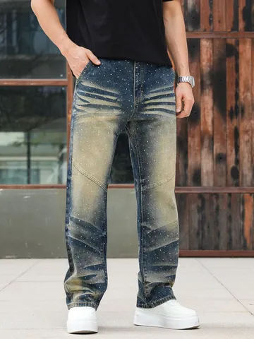 Men Loose Straight Leg Jeans Heavyweight Washed Denim Trousers With Rhinestones Hip Hop Streetwear Casual Pants