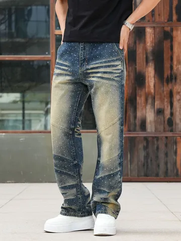 Men Loose Straight Leg Jeans Heavyweight Washed Denim Trousers With Rhinestones Hip Hop Streetwear Casual Pants