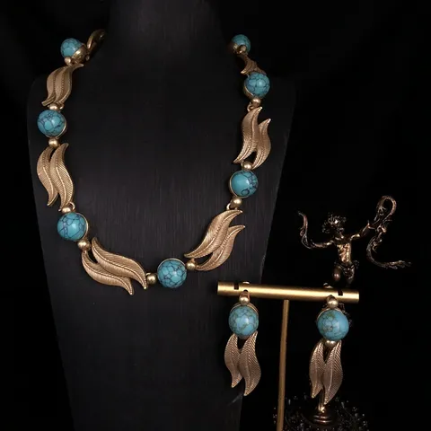 Vintage Hoja de Metal Turquesa Collar Y Pendientes Set Retro Aleación Piedra Natural Joyería Regalo Para Mujer