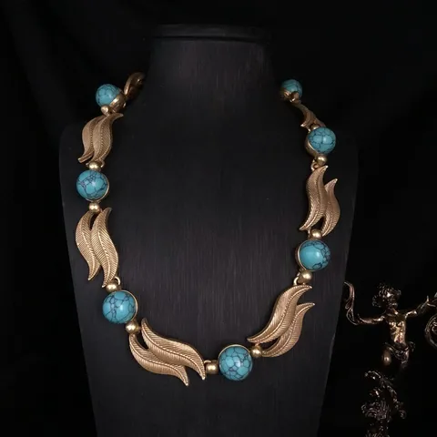 Vintage Hoja de Metal Turquesa Collar Y Pendientes Set Retro Aleación Piedra Natural Joyería Regalo Para Mujer