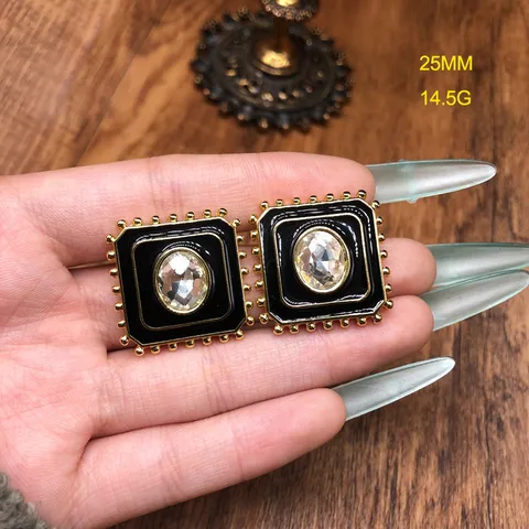 Pendientes de Botón de Strass Esmalte Geométrico Estilo Corte Retro Poste de Plata de Ley 925 Negro Verde Azul Joyería de Mujer