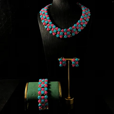 Vintage Retro Colorido Resina Floral Diamante de Imitación Collar Pulsera Pendientes Conjunto de Joyas para Mujer