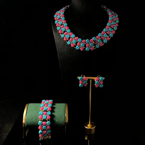 Vintage Retro Colorido Resina Floral Diamante de Imitación Collar Pulsera Pendientes Conjunto de Joyas para Mujer