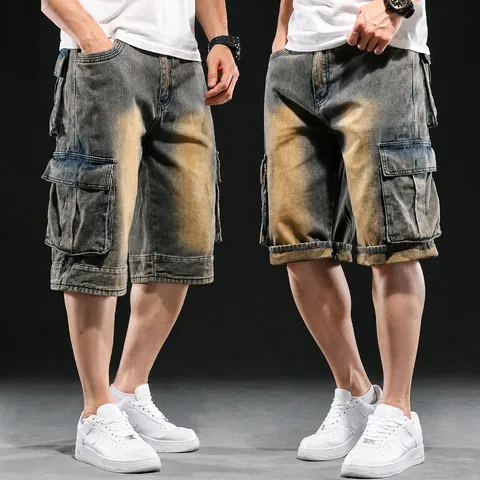 Mens Casual Loose Fit Multi Pocket Cargo Denim Shorts Vintage Washed Distressed Streetwear Summer Jean Shorts
