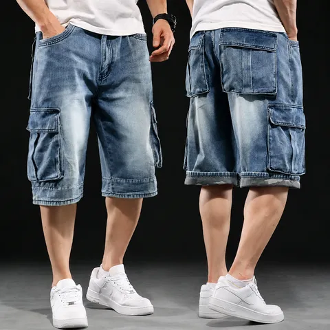 Mens Casual Loose Fit Multi Pocket Cargo Denim Shorts Vintage Washed Distressed Streetwear Summer Jean Shorts