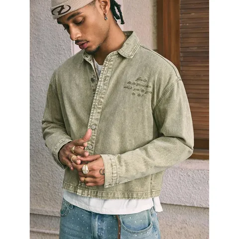 Heren Casual Denim Jas Los Kort Vintage Retro Streetwear Katoen Omgeslagen Kraag Lange Mouw Bovenkleding