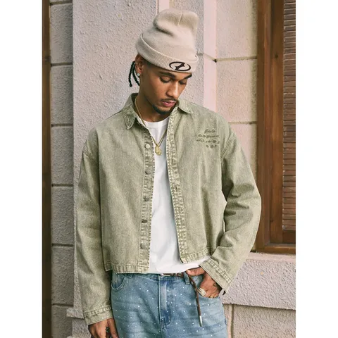 Heren Casual Denim Jas Los Kort Vintage Retro Streetwear Katoen Omgeslagen Kraag Lange Mouw Bovenkleding