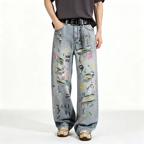Mens Casual Loose Straight Denim Jeans Blue Distressed Graffiti Printed Streetwear Long Trousers