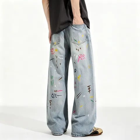 Mens Casual Loose Straight Denim Jeans Blue Distressed Graffiti Printed Streetwear Long Trousers