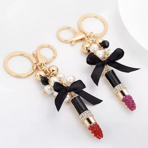 Koreaanse Stijl Lippenstift Sleutelhanger Met Kunstparel Zwarte Lintsleutel Strik Strass Hanger Vrouwen Tas Auto Sleutelhanger Sieraden