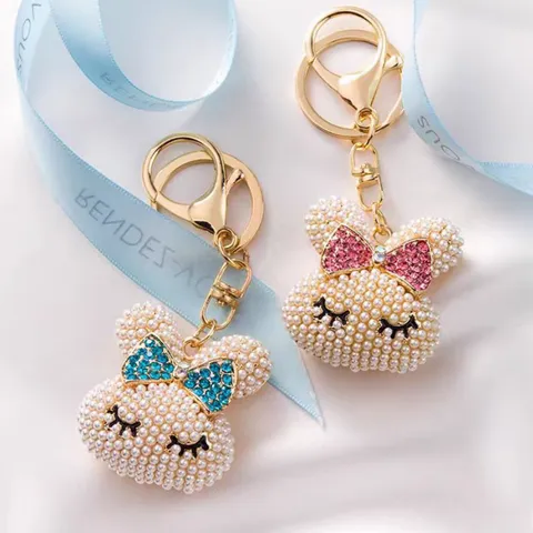 Schattige Konijnenkop Sleutelhanger Parel Strass Strik Metalen Sleutelhanger Vrouwen Tas Charm Mode Sieraden Cadeau