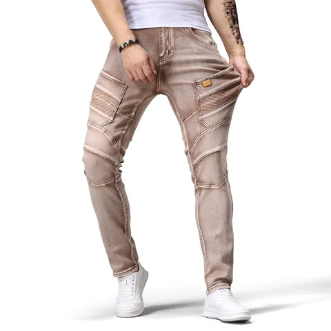 Pantalones Vaqueros Denim Skinny Slim Fit para Hombre Retro Lavado Desgastado Empalmado Motocicleta Casual Elástico Largo