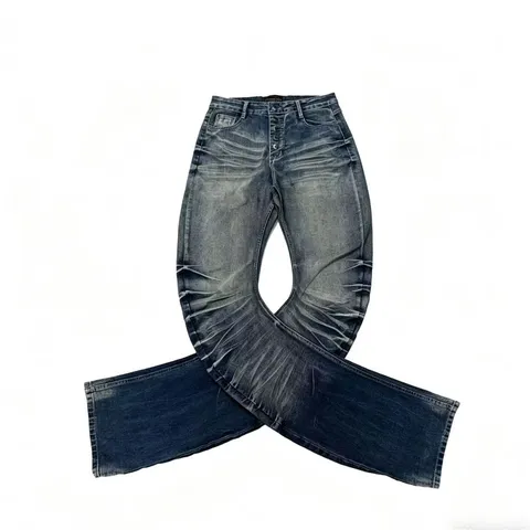Men's European Street Style Micro-Flared Jeans Vintage Washed Corrugated Pleated Button Fly Slim Fit Denim Pants