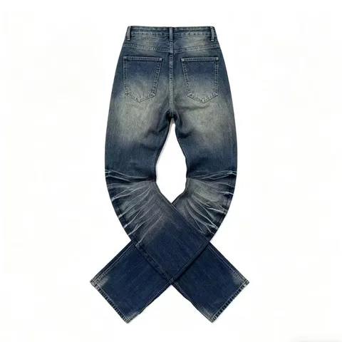 Men's European Street Style Micro-Flared Jeans Vintage Washed Corrugated Pleated Button Fly Slim Fit Denim Pants