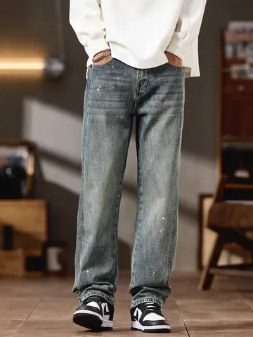 Mens Vintage Washed Splatter Paint Straight Leg Jeans Casual Loose Fit Denim Pants Spring Retro Streetwear Trousers