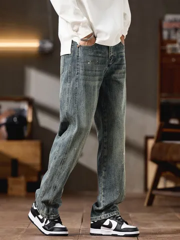 Mens Vintage Washed Splatter Paint Straight Leg Jeans Casual Loose Fit Denim Pants Spring Retro Streetwear Trousers