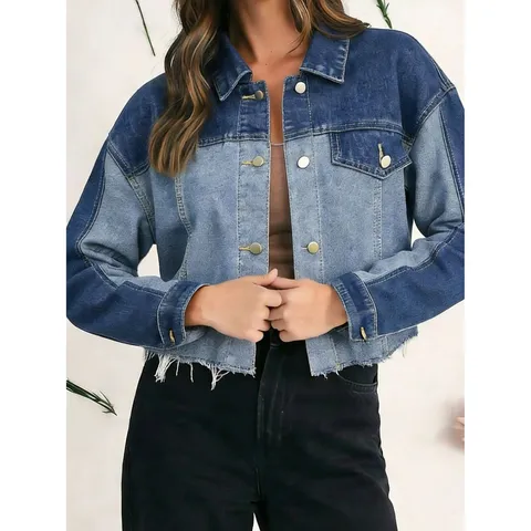 Dames Casual Kleurenblok Denim Jas Lange Mouw Revers Enkelknoops Korte Bovenkleding Lente