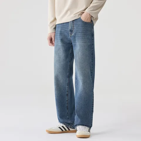 Jeans in Denim Retro Vintage High Street da Uomo Blu Lavato Gamba Dritta Larga Pantaloni Lunghi Casual Streetwear