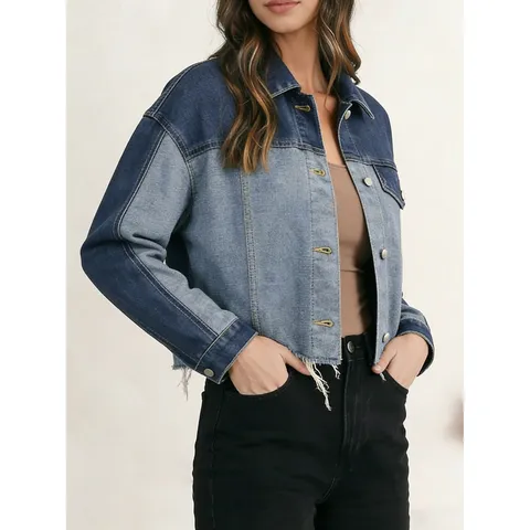 Dames Casual Kleurenblok Denim Jas Lange Mouw Revers Enkelknoops Korte Bovenkleding Lente